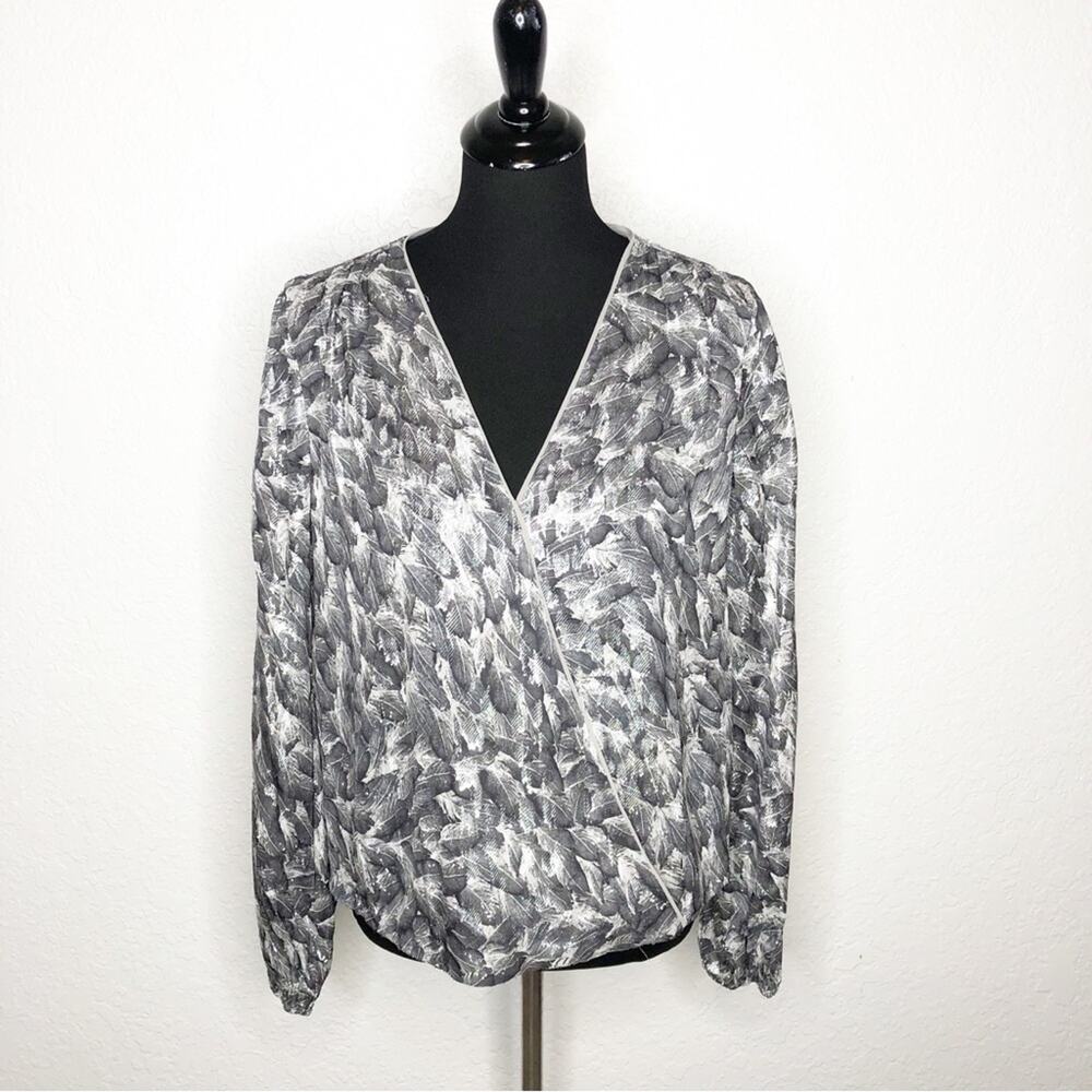 WHBM gray silver metallic feather print wrap front top size 8